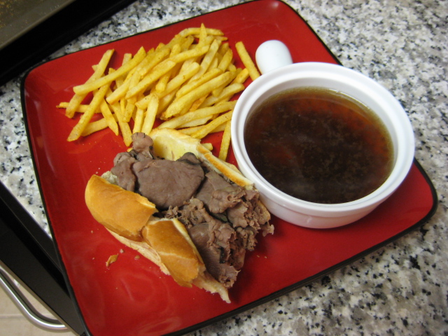 French Dip with Au Jus and fries